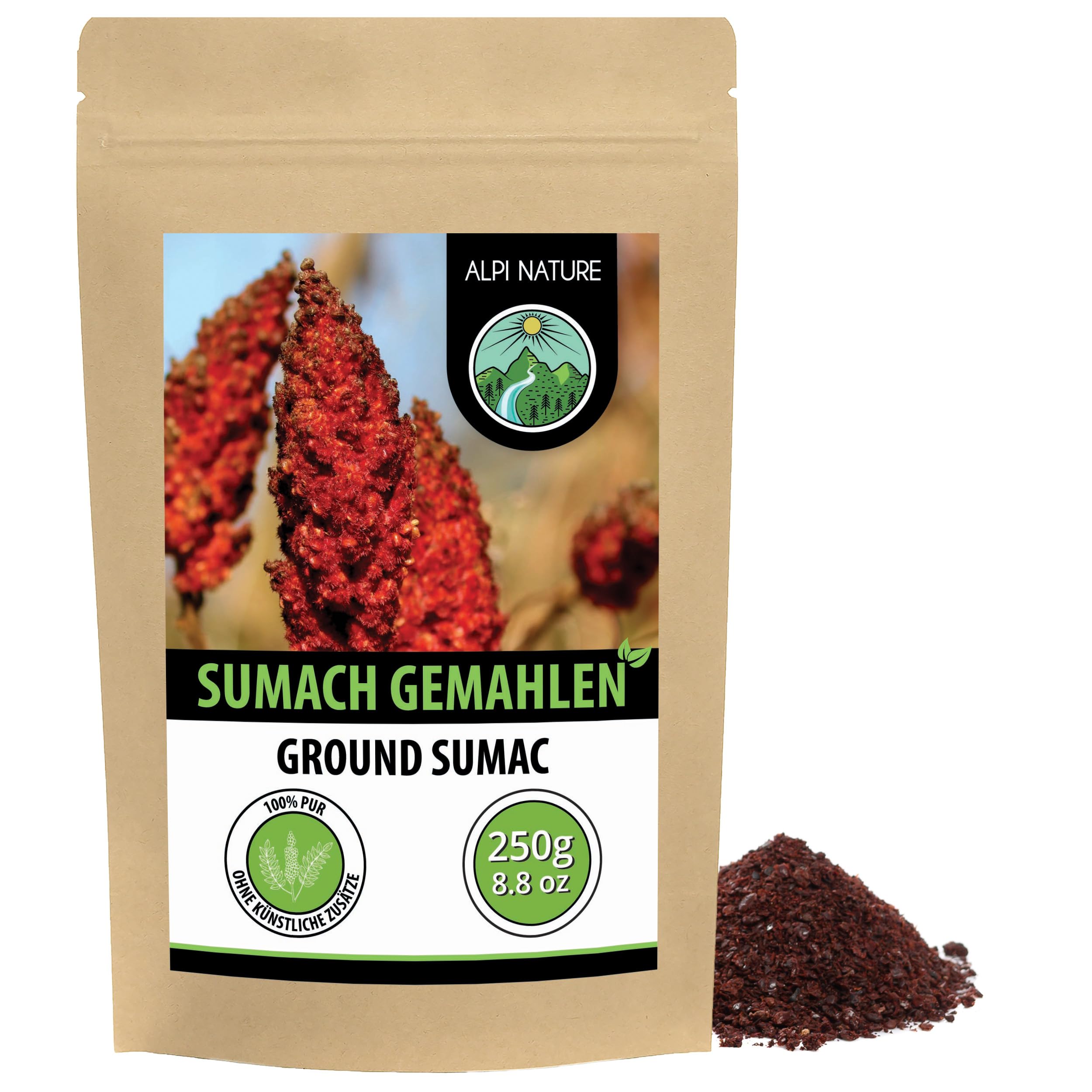 Alpi Nature Sumach Gewürz 250g, Sumach Pulver mit Salz, Essigbaumgewürz gemahlen, Sumac Gewürz zum Kochen