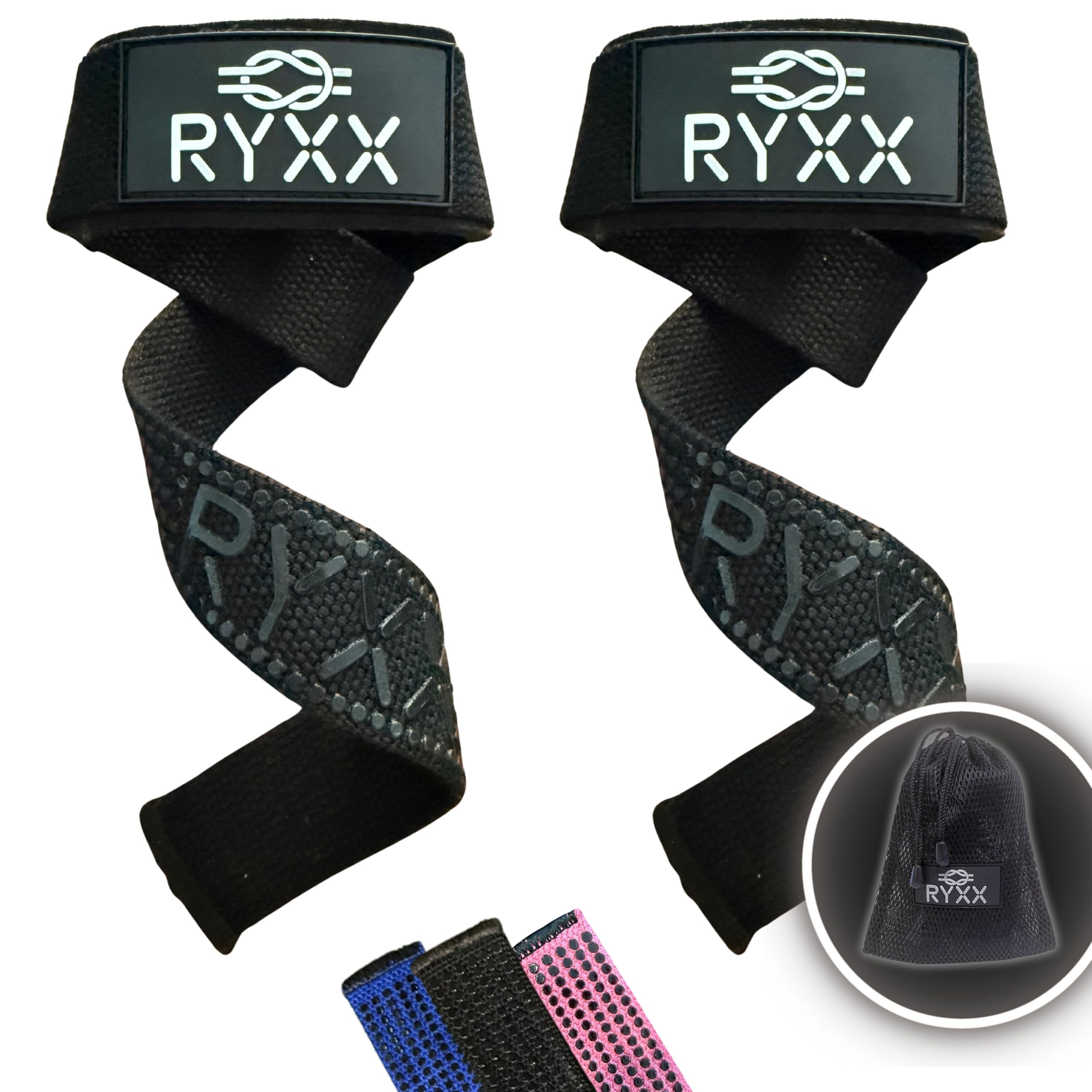 RYXX Weightlifting Straps with Rubber Grip & Neoprene Padding | Heavy-Duty Cotton Gym Straps for Deadlifts | Wrist Support for Strength Training, Powerlifting & CrossFit | Includes Carry Bag (Black)