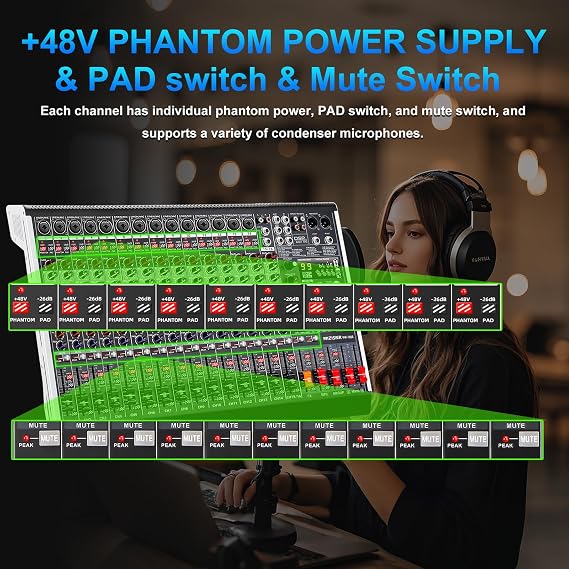 16 Channel Audio Mixer Professional Sound Mixing Board with 99 DSP Effects, 7-band EQ Digital DJ Mixer Console w/USB Bluetooth MP3 for Recording, Independent 48V Power & Mute Button