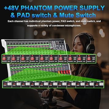 16 Channel Audio Mixer Professional Sound Mixing Board with 99 DSP Effects, 7-band EQ Digital DJ Mixer Console w/USB Bluetooth MP3 for Recording, Independent 48V Power & Mute Button