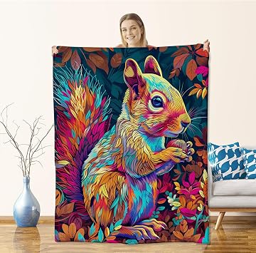 Colorful Squirrel Blanket for Kids Nature and Color Lovers,Flannel Forest Wildlife Blankets Gifts,Abstract Animal and Leaf Throws for Sofa Couch Bed Soft Warm Cozy Bedroom Decor 80"x60"