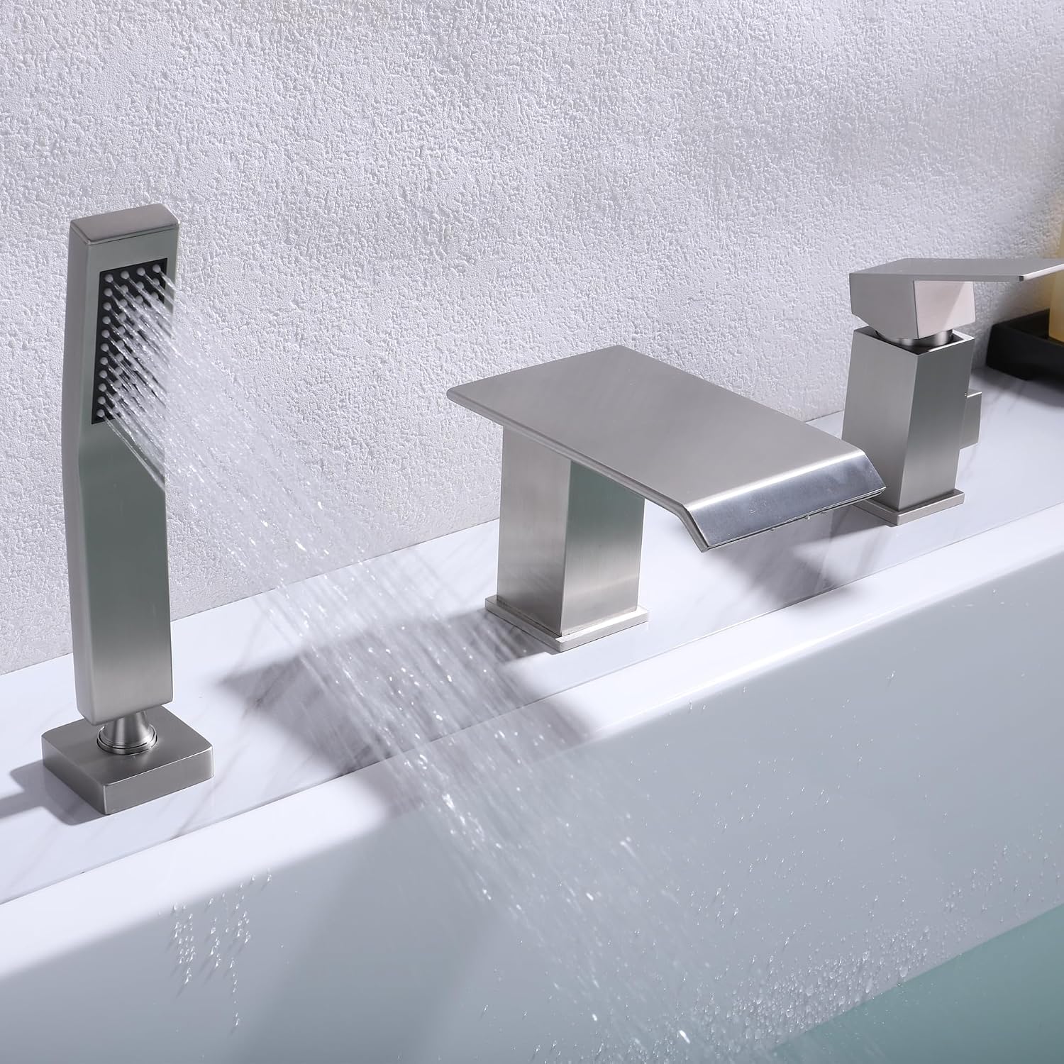 Roman Tub Faucet with Hand Shower, Deck Mount 3 Hole Bath Tub Faucet Set Bathtub Faucet with Handheld Sprayer, Brushed Nickel