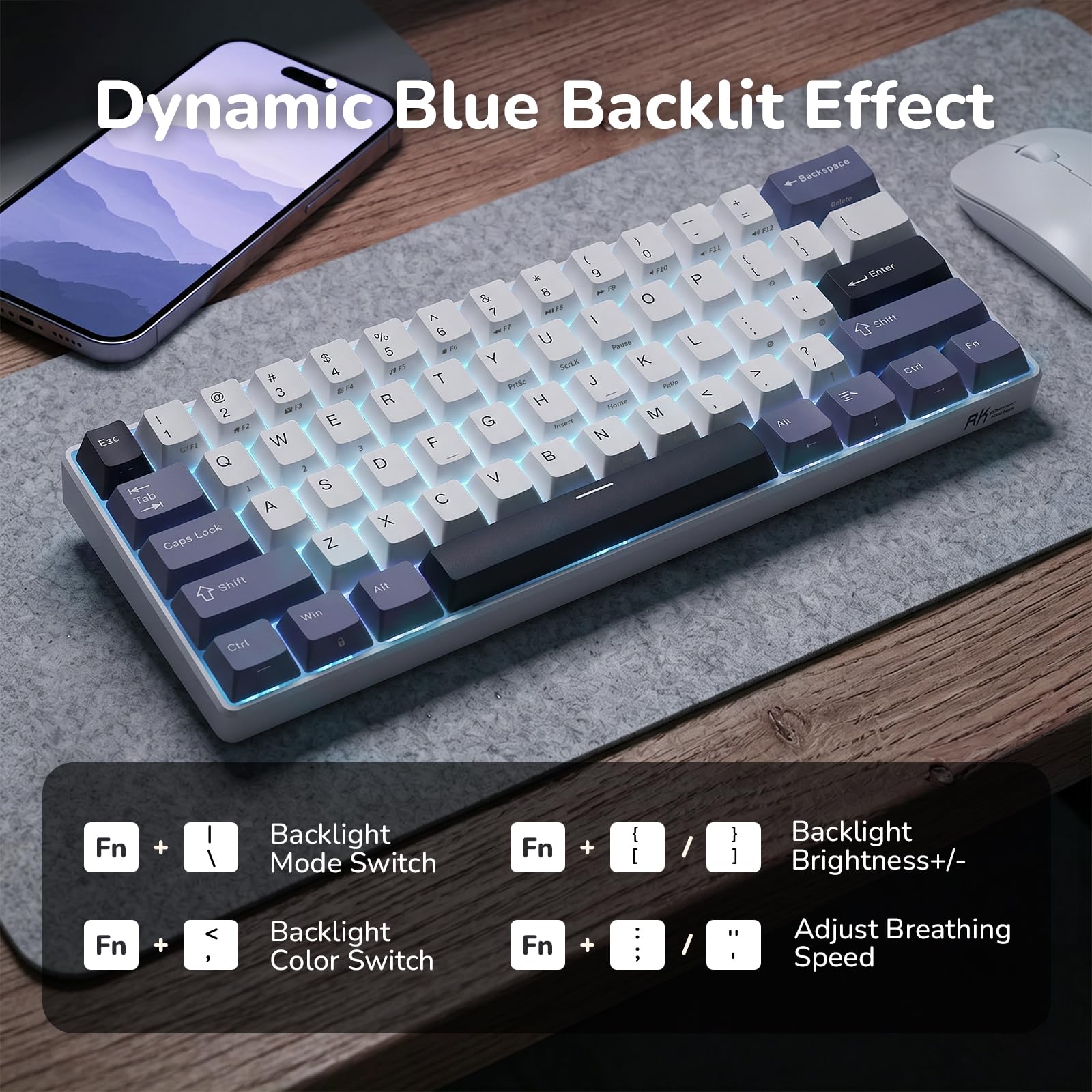 RK ROYAL KLUDGE RK61 bezprzewodowa klawiatura mechaniczna, klawiatura gamingowa 60% trzema trybami pracy, BT5.0/2,4GHz/USB-C, klawisze tworzywa PBT, oprogramowanie Pro, wymiana na gorąco, US QWERTY