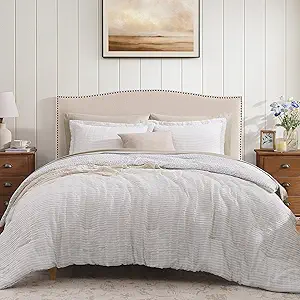 King Comforter Set - 7 Pieces Beige Gauze Muslin Bedding Sets for All Seasons, Lightweight Breathable Bed in a Bag King with Revesible Farmhouse Comforter, Sheets, Pillowcases & Shams