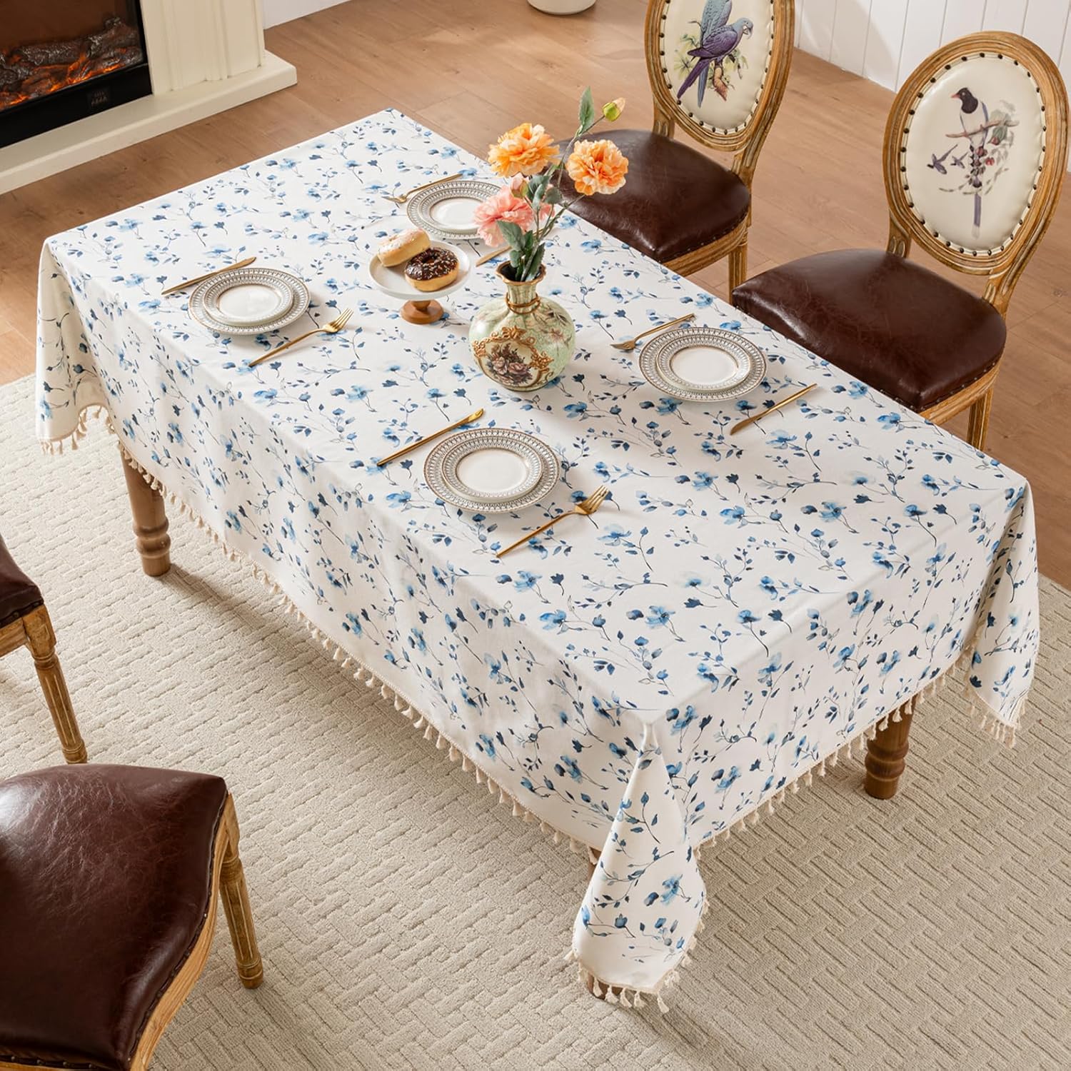Rectangle Tablecloth Pastoral Style, Waterproof & Stain Resistant Table Cloth Wrinkle Free Table Cover for Dining/Kitchen/Patio, Washable Indoor & Outdoor Use, 55"X102" Blue