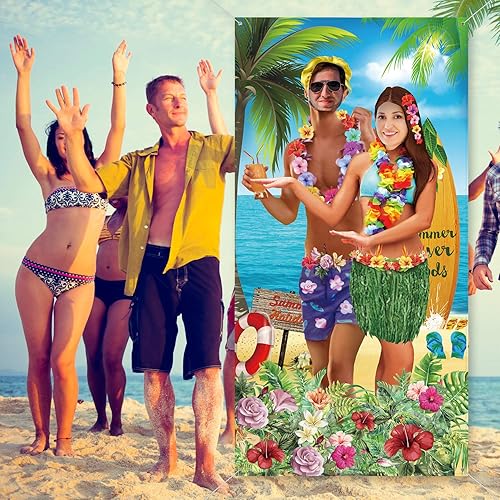 Miniatura 6 de Blulu Pancarta hawaiana de accesorios de fotos tropicales Luau Tiki para puerta de fotos de pareja Aloha Tiki para fiesta, Luau, fondo de cabina de