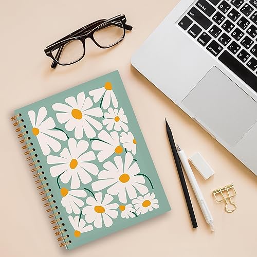 Miniatura 2 de Tizzer Cuaderno retro de los años 70 con rayas blancas y margaritas blancas y verde salvia, cuaderno de espiral con rayas universitarias para notas