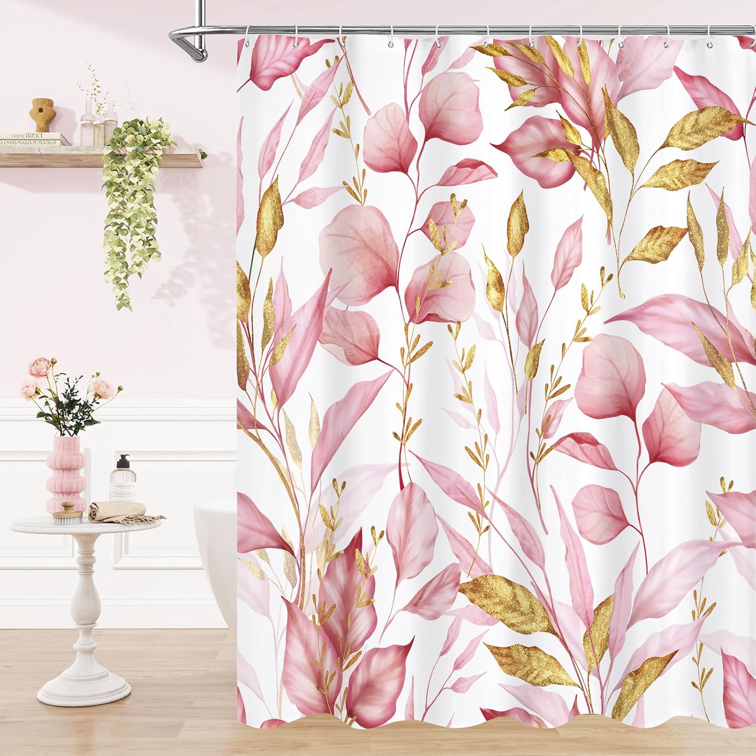 Litabel Pink Gold Plant Shower Curtain, Botanical Leaves on White Background Natural Curtain Set for Aesthetic Bathroom Waterproof Odorless Fabric 72x72 inches, Hooks Included