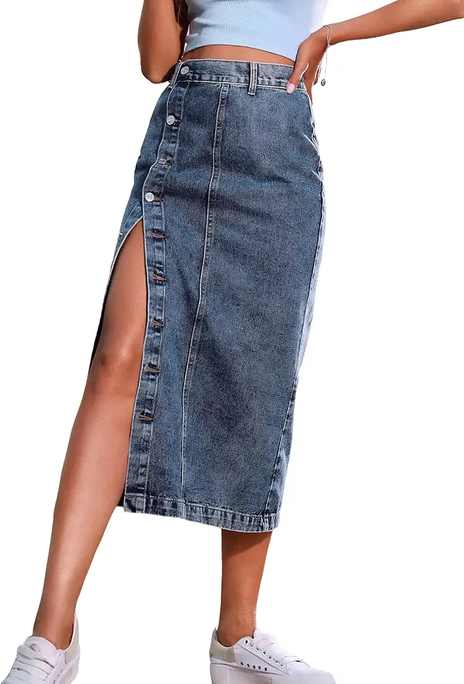 Saia jeans feminina casual com fenda midi cintura alta abotoada na moda saia evasê