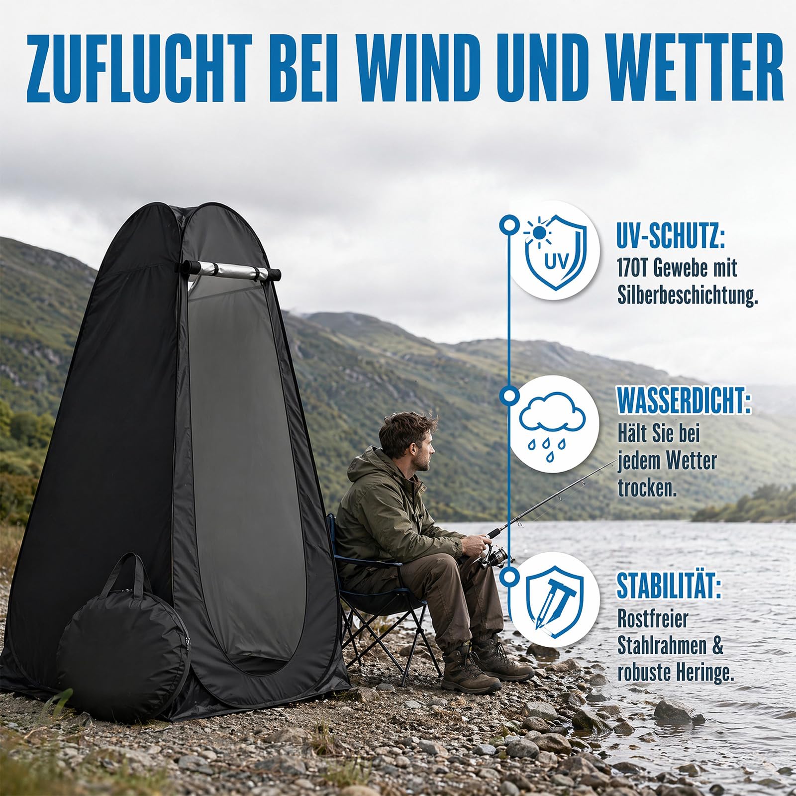 Pop Up Zelt, Duschzelt mit Tragetasche Fenster & Camping Zubehör, Mobile Umkleidezelt, Camping Toiletten Zelt, Sichtschutz Zelt für Outdoor, UV-Schutz wasserdicht für Camping Wandern Strand - Schwarz