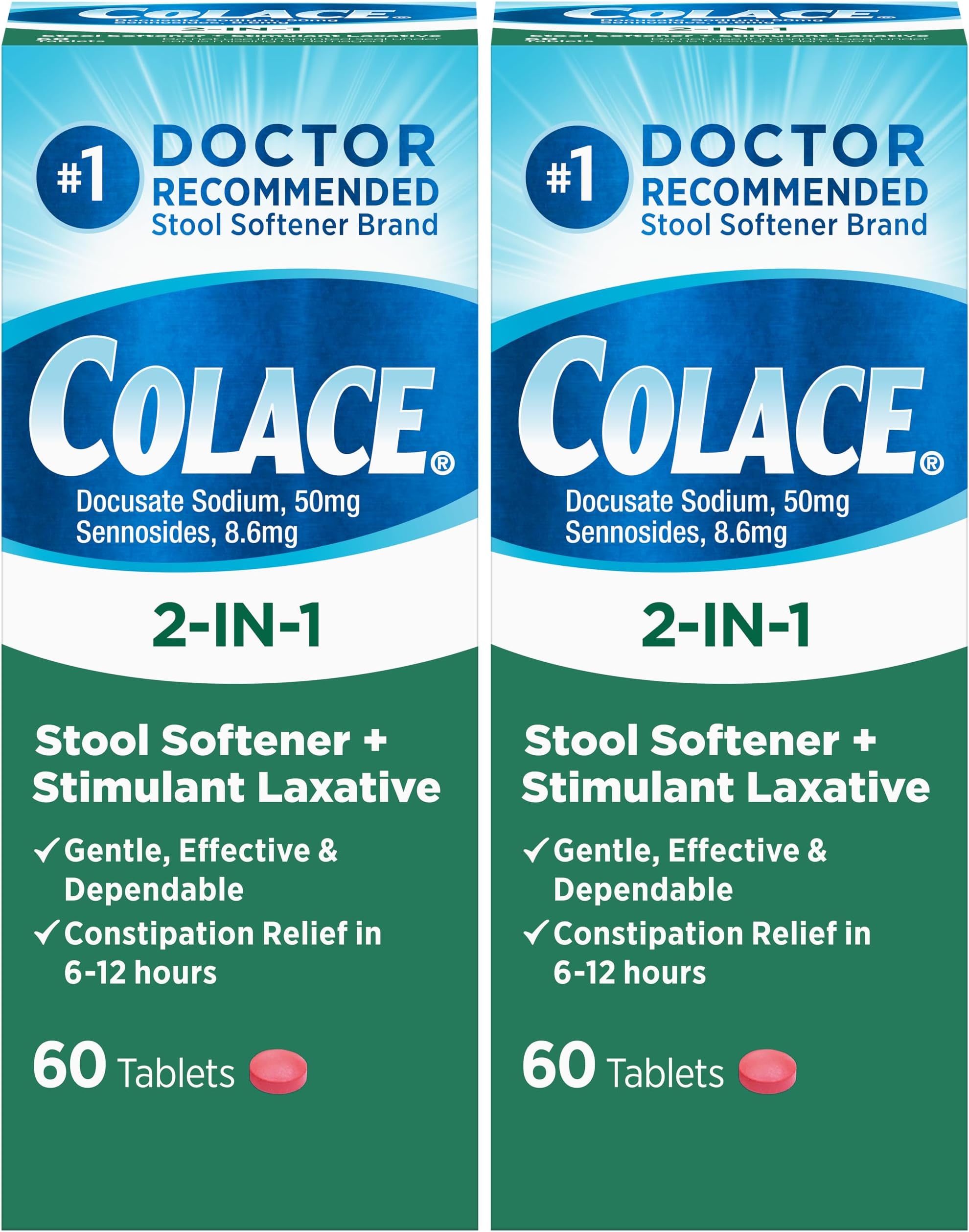 2-in-1 Stool Softener Plus Stimulant Laxative for Gentle Effective Constipation Relief, Docusate Sodium Plus Sennosides, 60 Count (Pack of 2)