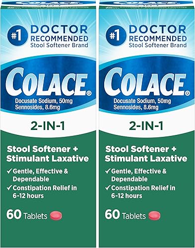 Colace Suavizante de heces 2 en 1 más laxante estimulante para aliviar el estreñimiento suave y eficaz, Docusate Sodium Plus Sennosides, 60 unidades