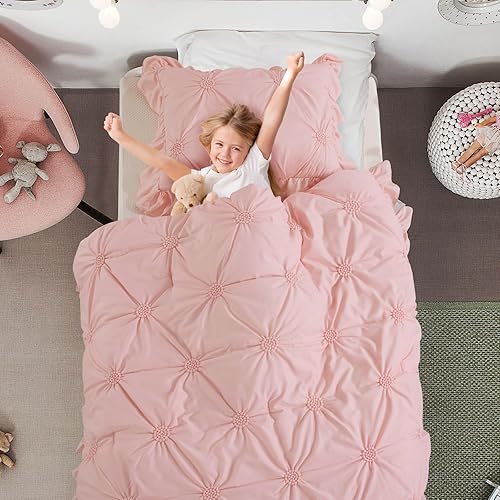 Miniatura 4 de HOMBYS Juego de ropa de cama edredón rosa para niñas, juego de edredón plisado con pellizcos rubor de 3 piezas con volantes para todas las