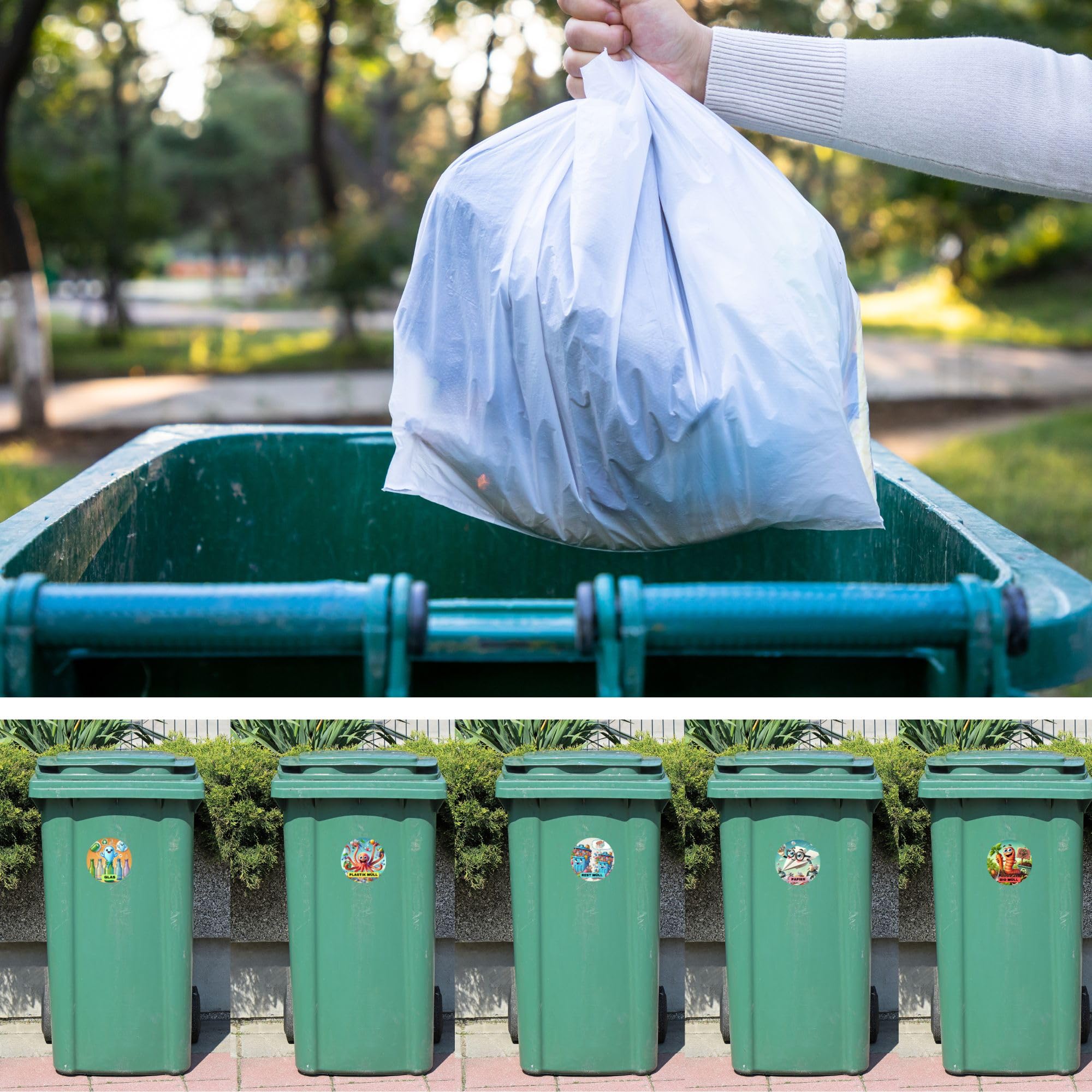 Pegatinas para separación de residuos (5 unidades, 7 cm) | Pegatinas sostenibles para cubos de basura para niños, reciclaje fácil, para interior y exterior