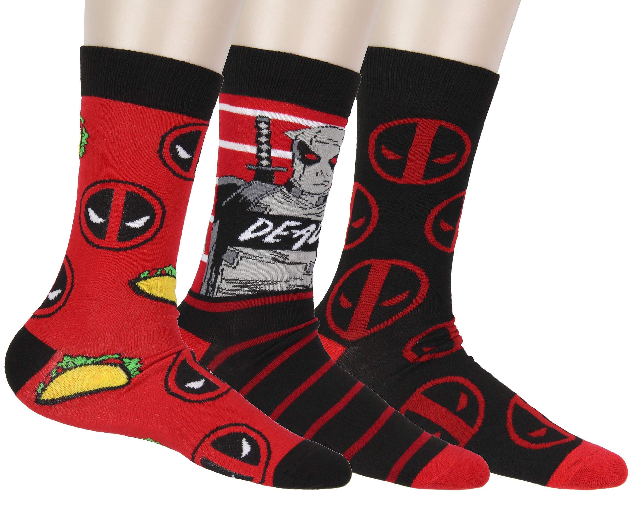 Bioworld Marvel Deadpool The Degenerate Herren-Socken, wadenhoch, Größe 42-47, 3er-Pack, Mehrfarbig, Einheitsgre