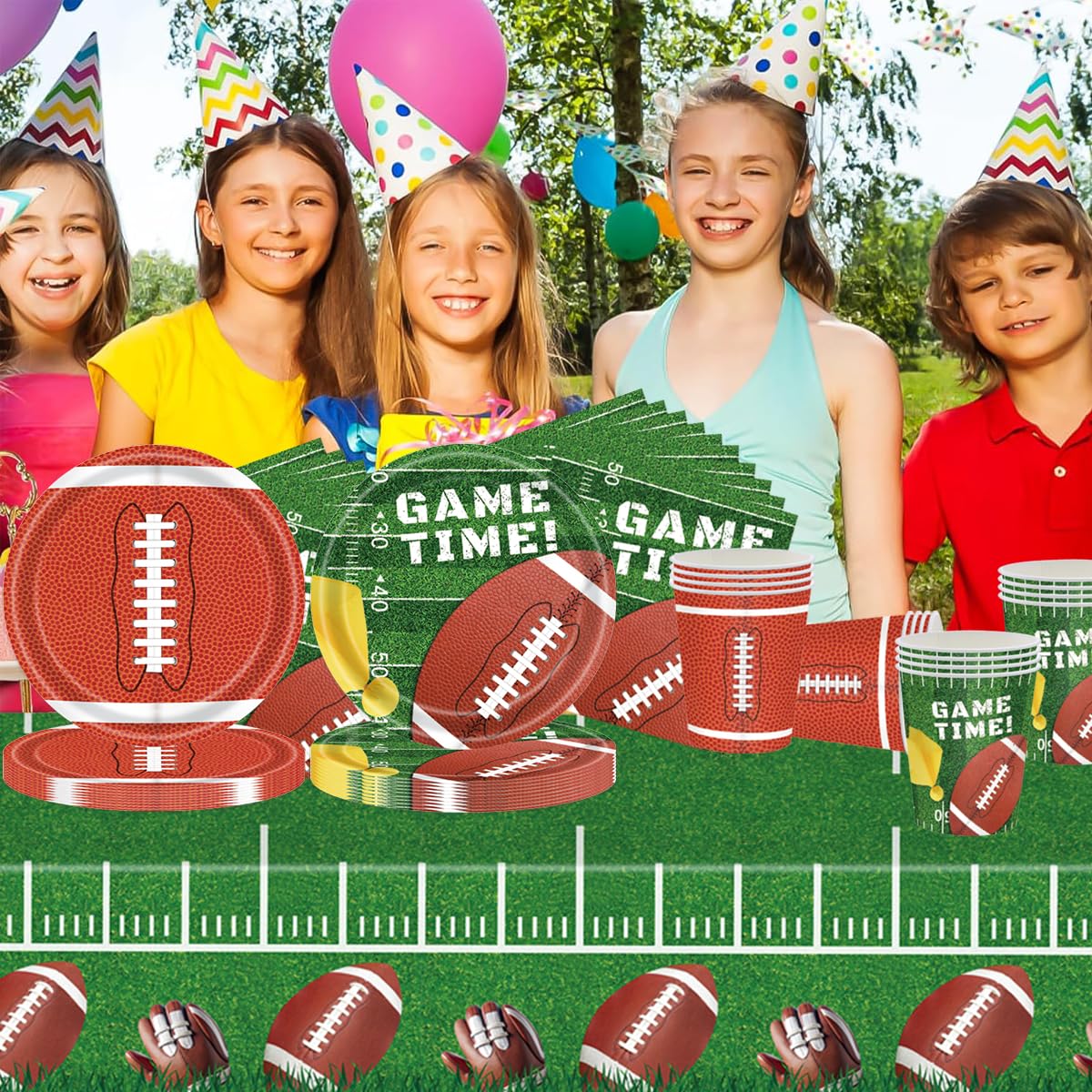 Rugby Stoviglie per feste, 61 pezzi football americano Stoviglie per compleanni per bambini, Tema sportivo Set di piatti di carta per feste, Compresi bicchieri, tovaglioli e tovaglie