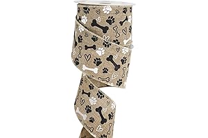 MEEDEE Dog Ribbon Wired with Paw Print and Wire Edge Burlap Dog Bone