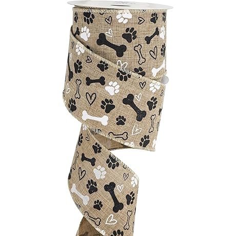 MEEDEE Dog Ribbon Wired with Paw Print and Wire Edge Burlap Dog Bone