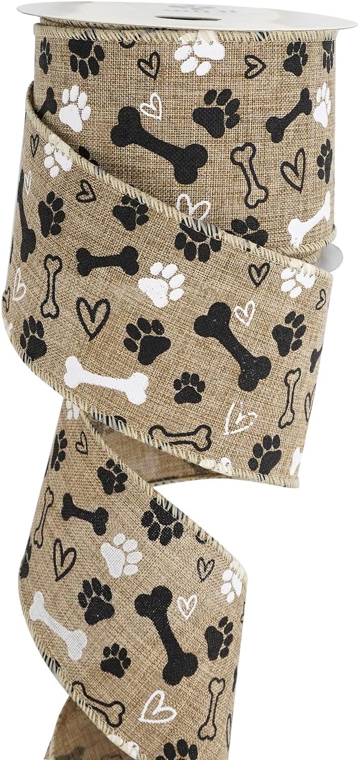 MEEDEE Paw Print Ribbon Wired Dog Ribbons Wire 2.5 inch Burlap Dog Bone Wire Edge Ribbon for Pet Wreaths Bow Making Welcome Home Wreaths Party Decorations Gift Basket Decor Swags (10 Yards)