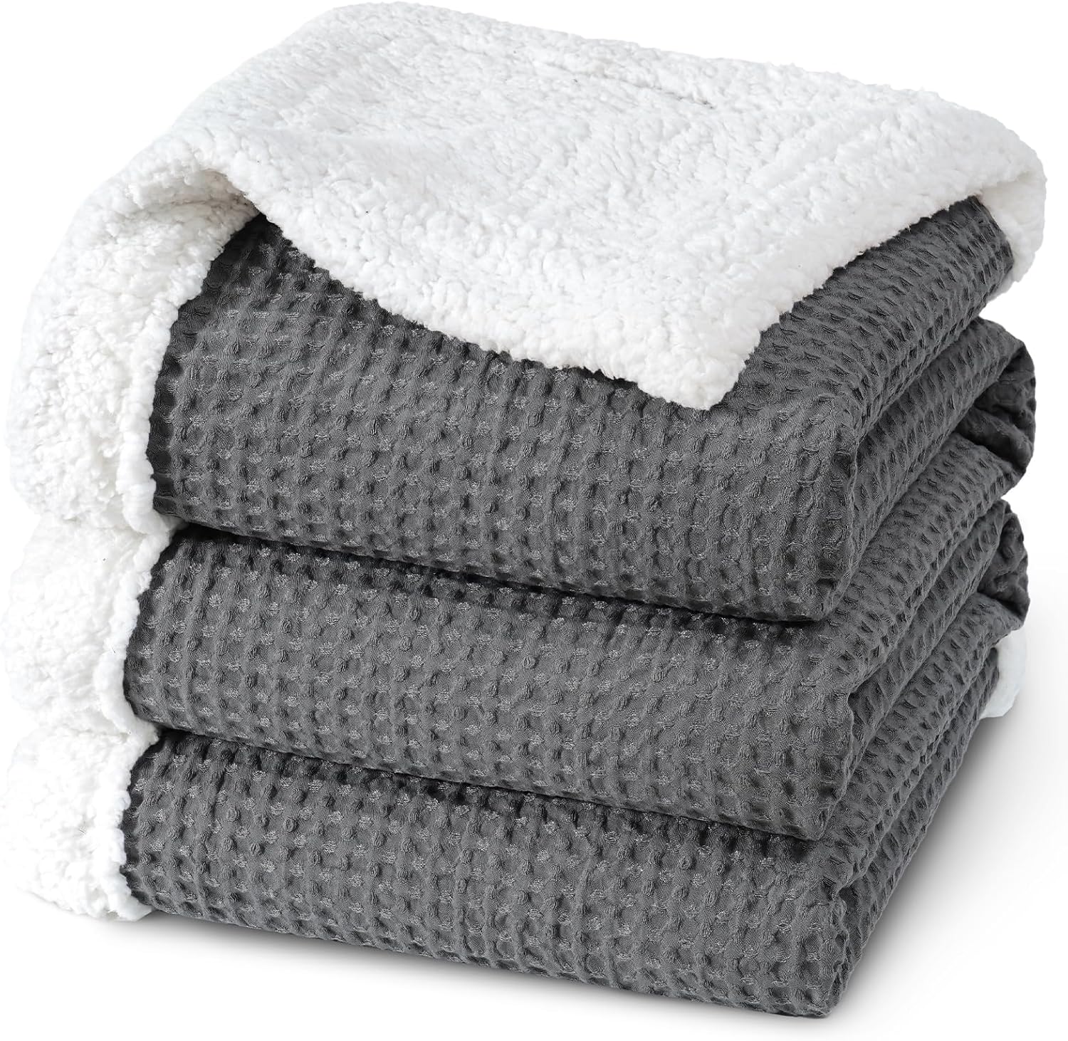 PHF Waffle Sherpa Blanket Queen Size, 90x90 Inches Luxury Plush Flannel Fleece Blanket for Winter, No Shed No Pilling, Cozy Soft & Reversible Waffle Weave Bedding for Home Decor, Grey