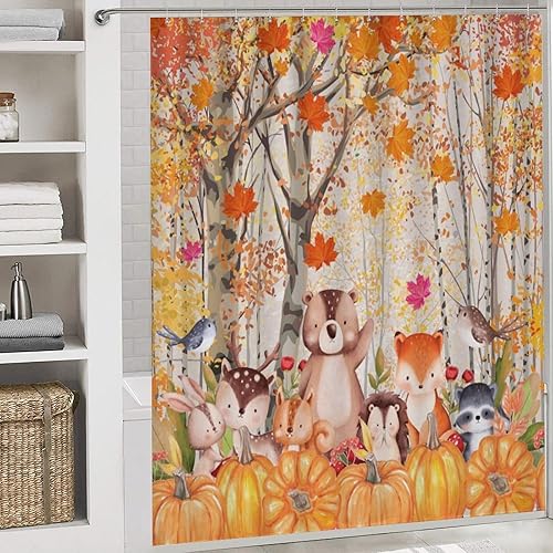 Miniatura 5 de Juego de 4 cortinas de ducha de otoño con diseño de bosque y vida silvestre, cabaña de acuarela, animales del bosque, ardilla, oso, zorro, hojas de