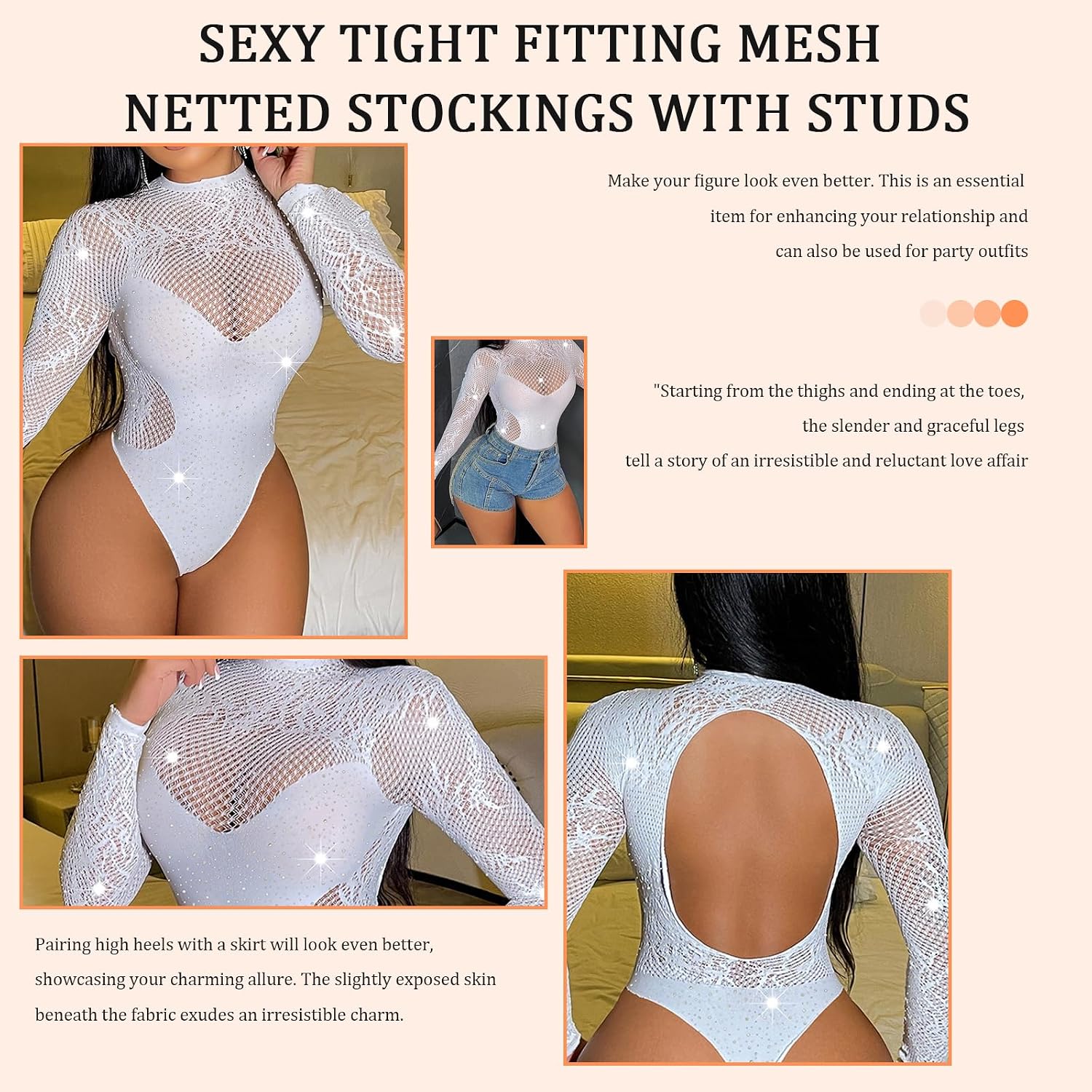 FRENZCOY Long Sleeve Fishnet Bodysuit for Women One Size Sparkle Rhinestone Bodysuit Sexy Women Fishnet Lingerie