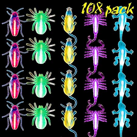 Amazon 108個 ハロウィン グロースティック ネックレス ライトアップ ネックレス 暗闇で光る 虫 パーティーの景品 子供と大人用 ギフトパッケージ ハロウィン ライトアップ おもちゃ おやつバッグフィラー 40個 バグ個 ロープ個 リング28個 リング 指輪 おもちゃ
