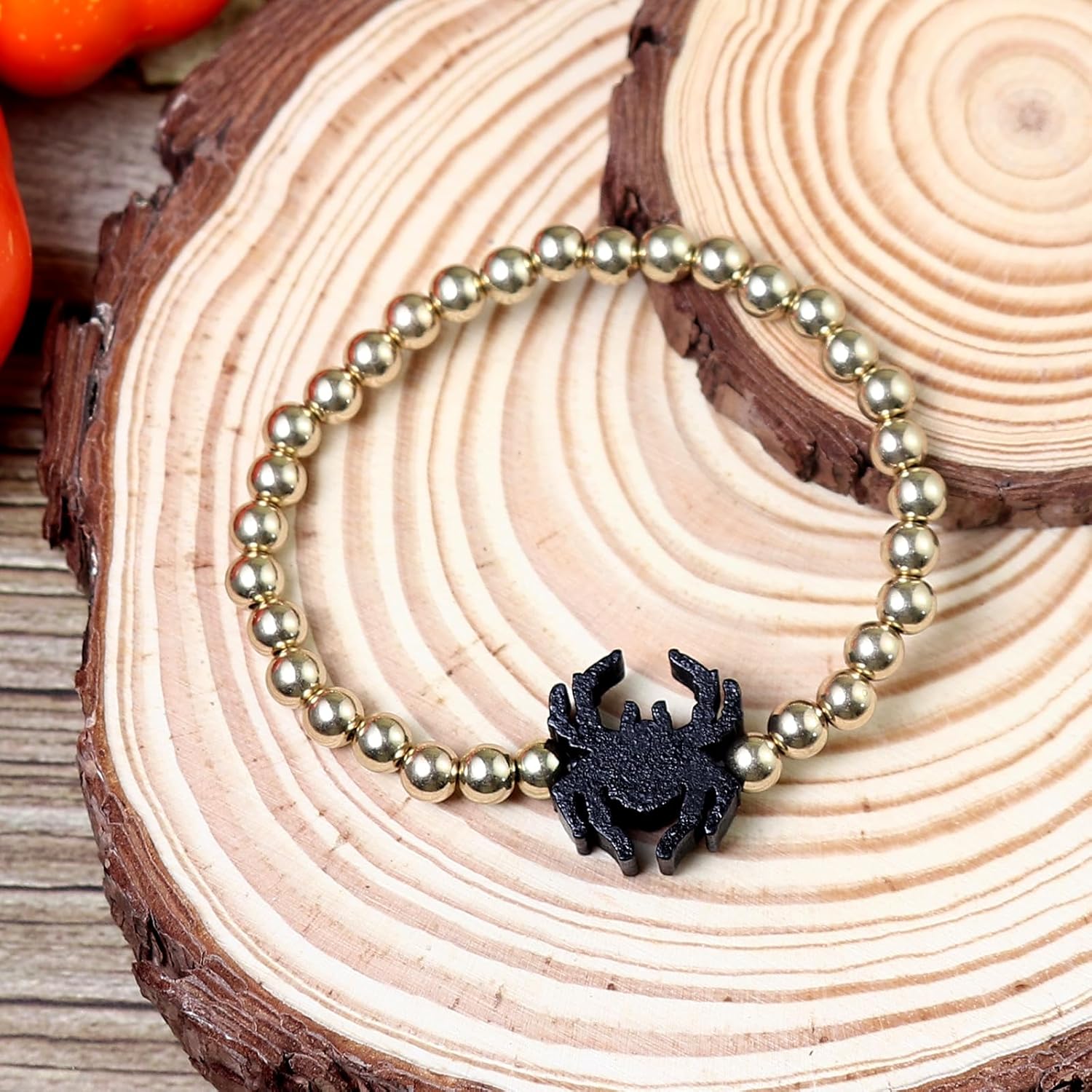 Pingyongchang Halloween Gold Beaded Bracelets Wooden Pumpkin Ghost Bat Spider Beads Stretch Bracelet Funny Halloween Holiday Party Gifts for Women - Image 2