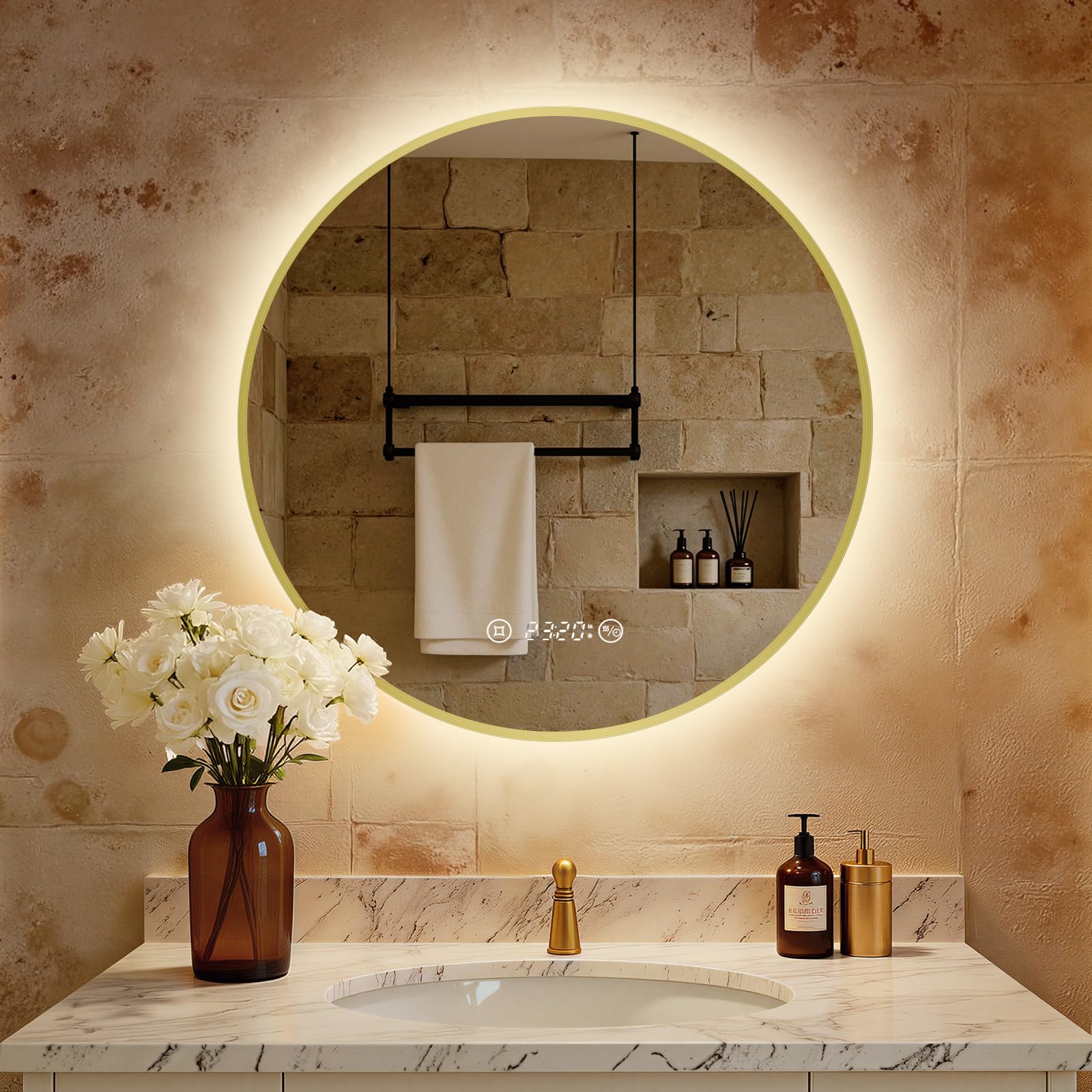 S'AFIELINA Espejo Baño con Luz LED Redondo Ø70 cm, Marco Dorado | Espejo Redondo de Baño con LED, Espejo Retroiluminado, Diseño Sin Marco, Luz Neutra, Espejo de Pared, Decorativo para Baño