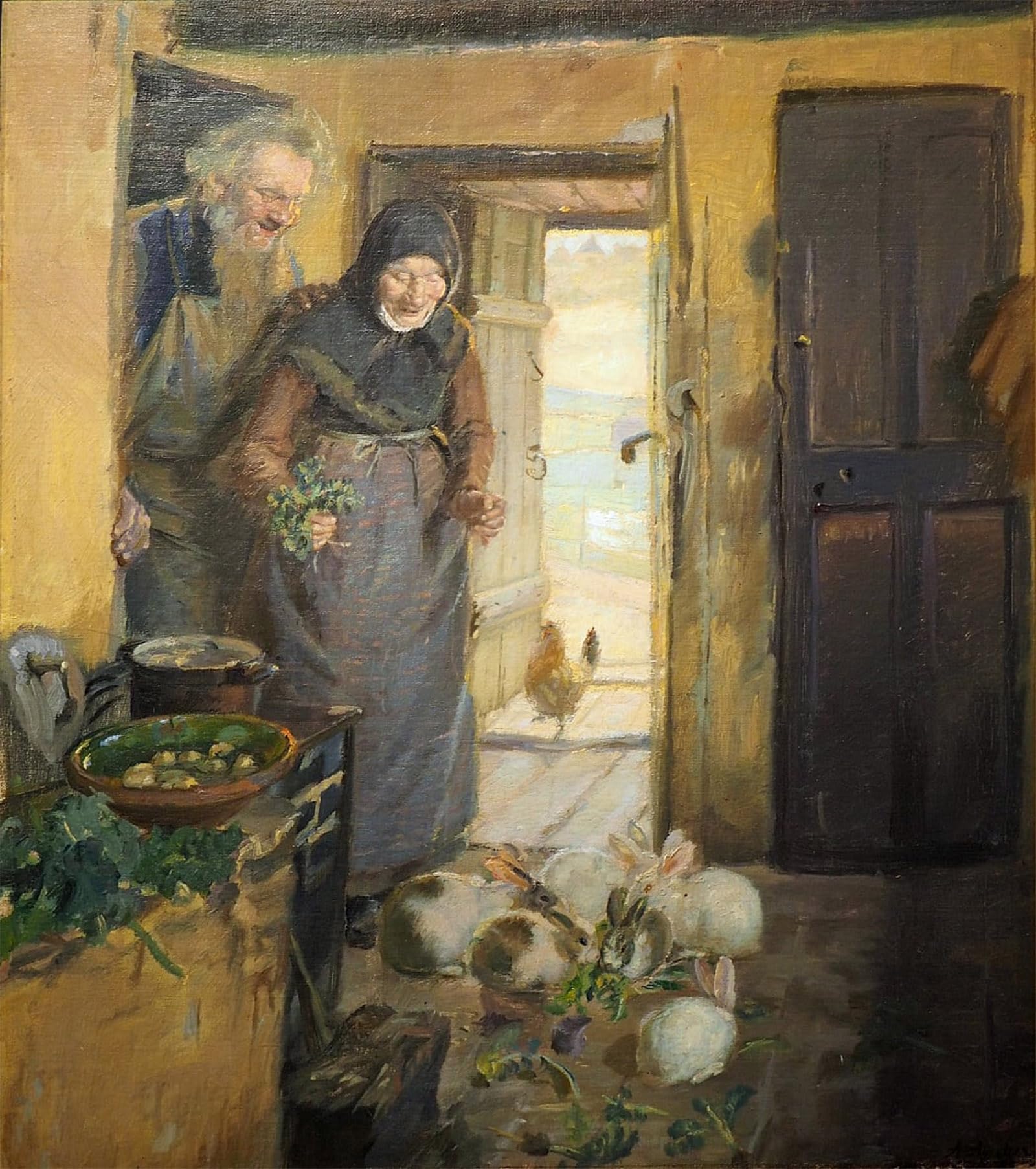 POSTERIIk Famous Animal Posters Vintage Picture Old Couple with Rabbits by Anna Ancher Modern Wall Decor for Home Decor 60x90cm