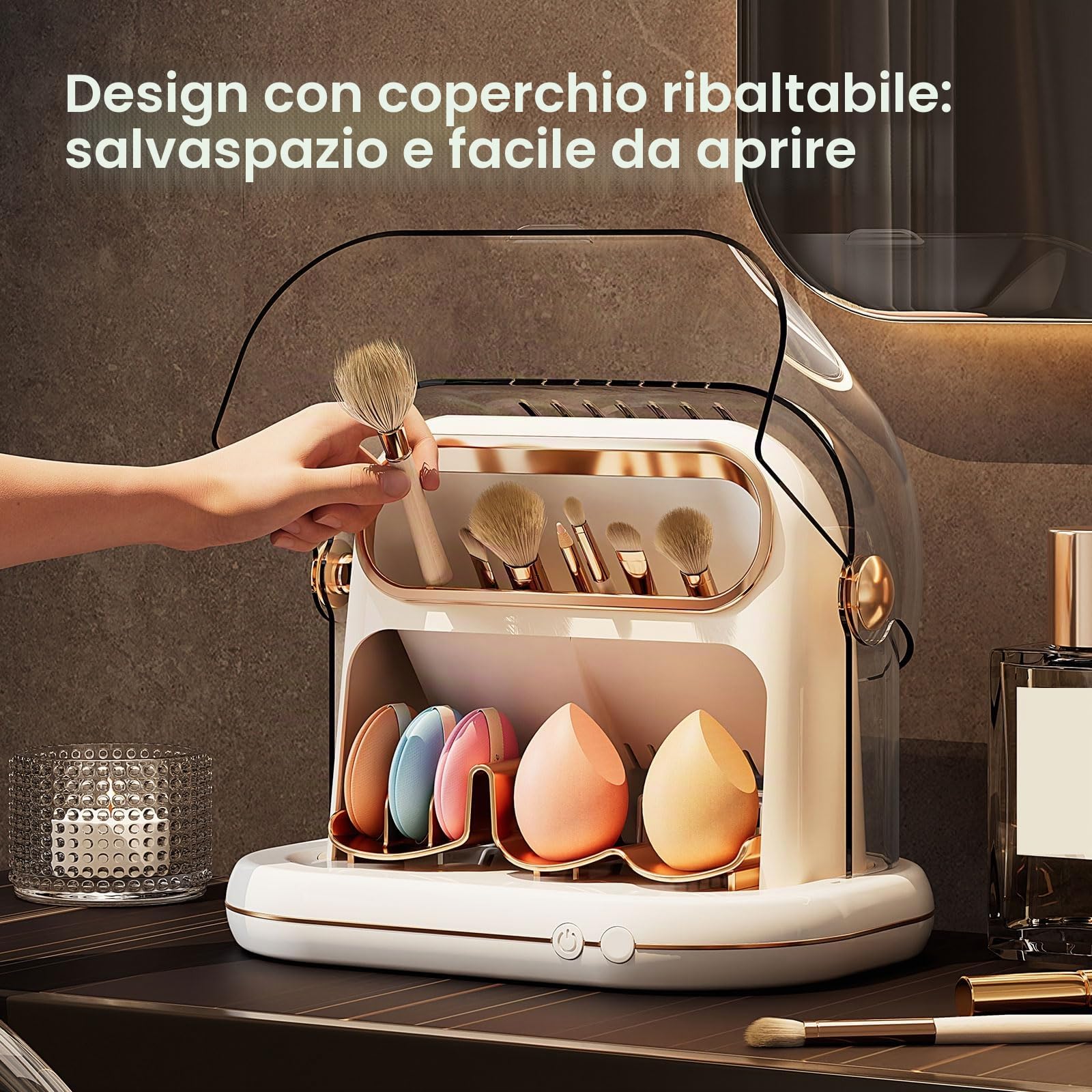 Essiccatore Elettrico per Pennelli da Trucco, 3 In 1, Asciugatura Automatica per Pennelli da Trucco, con Coperchio, Strumento di Pulizia a Tempo per la Maggior Parte dei Pennelli e delle Spugne