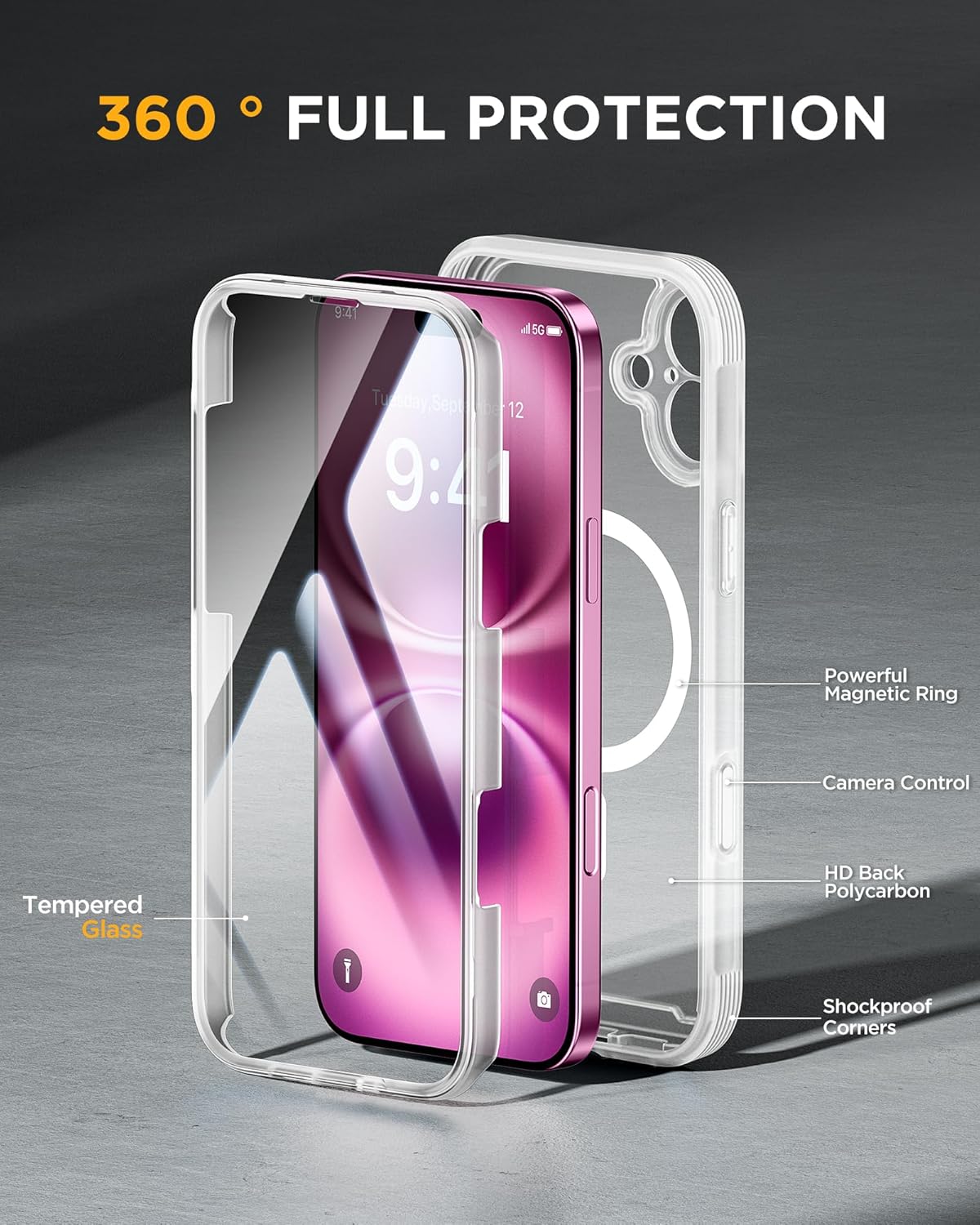 Miracase Magnetic for iPhone 16 Plus Case Full-Body Phone with Built-in Glass Screen Protector, [Compatible with MagSafe] Military Drop Proof 16 Plus Cover Bumper 6.7 inch, Matte Clear - Image 2