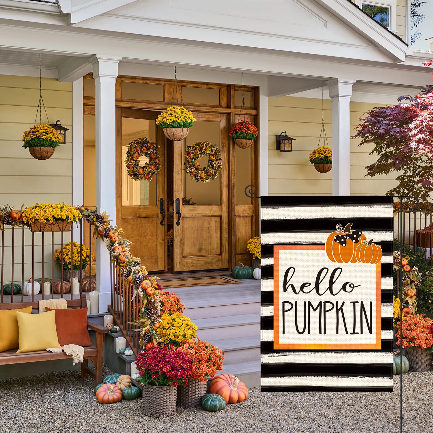 RABUSOFA Herbst-Gartenflagge 'Hello Pumpkin' – 30,5 X 45,7 Cm, Doppelseitig, Mit Kürbissen & Blättern, Aus Wetterfestem Polyester