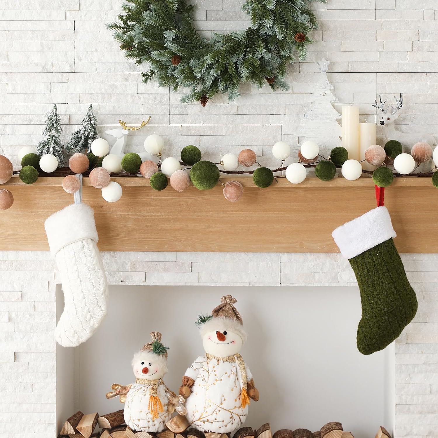 6 ft Christmas Ball Ornament Garland Christmas Bauble Hanging Ornament Neutral Velvet Bulb Ball Garland for Xmas Tree Table Mantel Staircase Indoor Outdoor Decor(White, Brown, Green) - Image 5