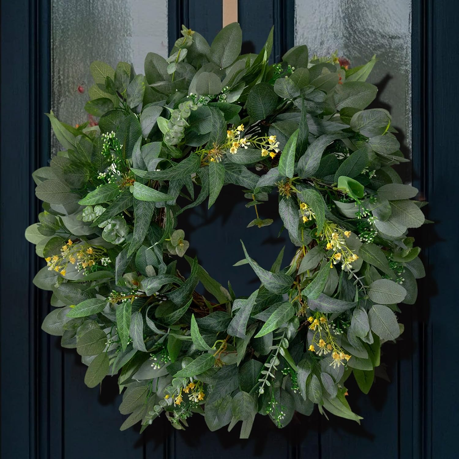 24 Inch Eucalyptus Wreath for Front Door - Artificial Greenery Wreath for Spring Summer Decor, Outdoor/Indoor Use, Porch, Window, Farmhouse Home Decor - All Season Weather Resistant