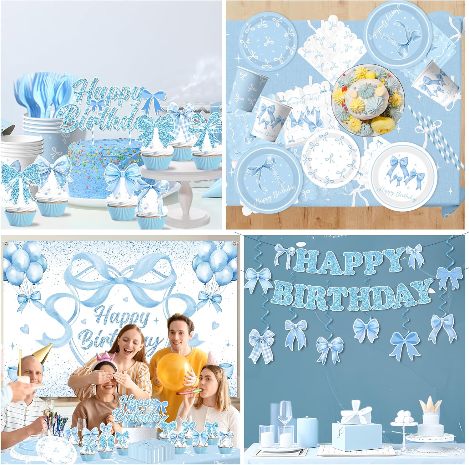 Blue Bow Party Supplies Serve 24,Coquette Birthday Decorations Include Bow Themed Tableware Tablecloth Backdrop Blue and White Balloon Arch Kit for Girls Birthday Decor