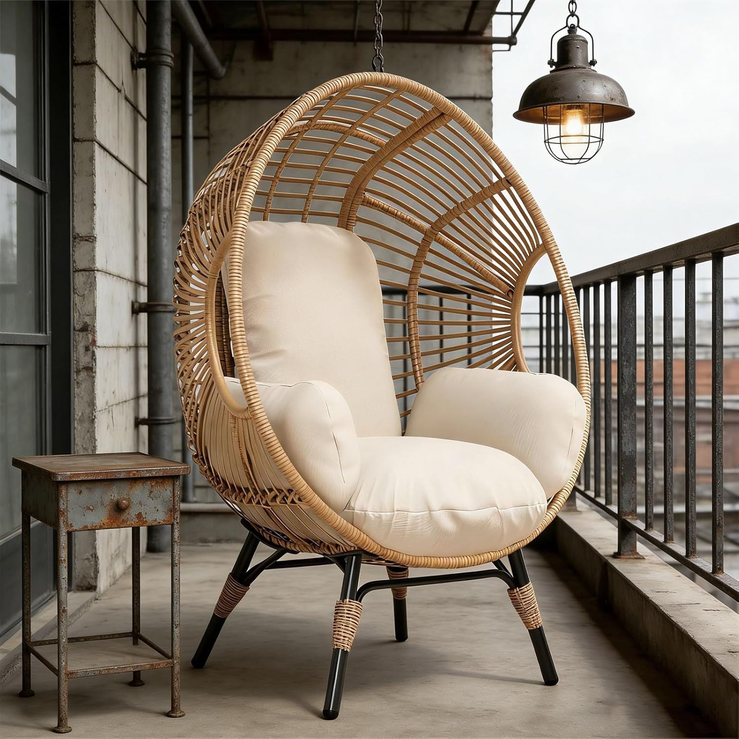 Indoor Outdoor Wicker Egg Chair, 400lbs Capacity, 8-Inch Cushion, Ergonomic Seat Balcony Chairs(Natural)