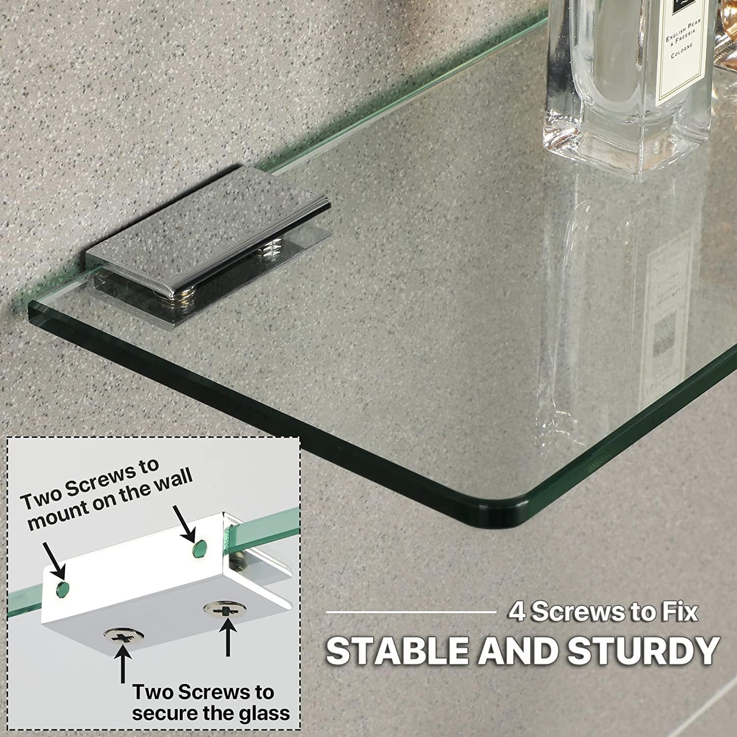 SAYAYO Floating Glass Shelves for Bathroom, 2/7 Inch Thicken Tempered Glass Shelf for Wall, 15 x 5 Inch 2 Pcs, Clear