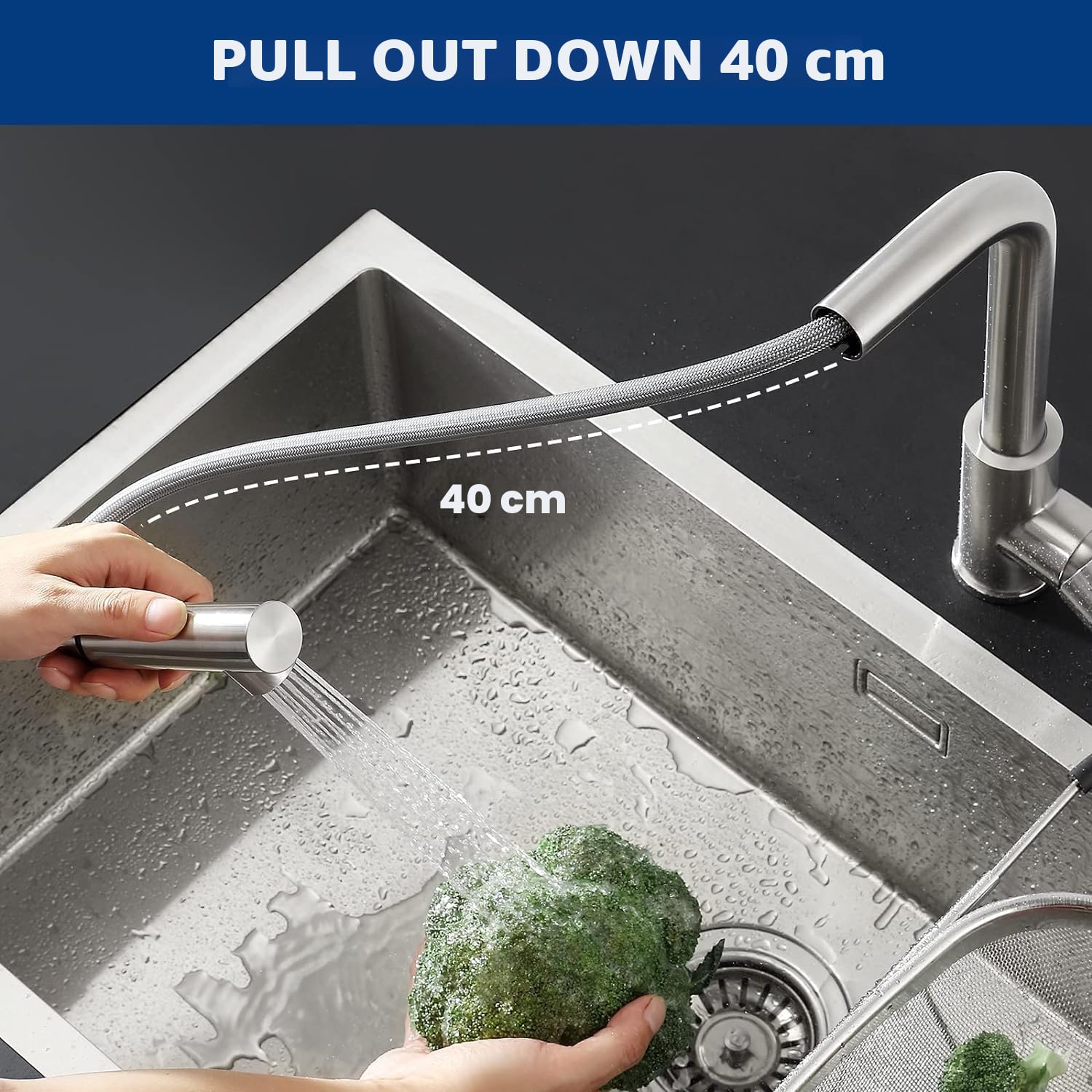CECIPA Fregadero de Cocina de Acero Inoxidable 40 x 45 cm + Grifo de Cocina Extensible Juego Completo de Fregadero Cuadrado Integrado para Base de Armario 40 cm