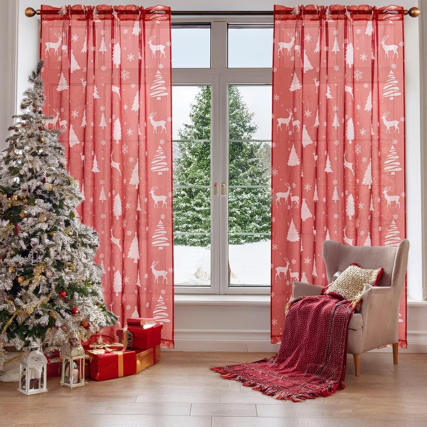 Christmas Sheer Curtains for Living Room, Xmas Print Pattern Sheer Curtain, Holiday Rod Pocket Window Drapes Decorations for Bedroom and Home Decor, 2 Panels Red 52W x 63L