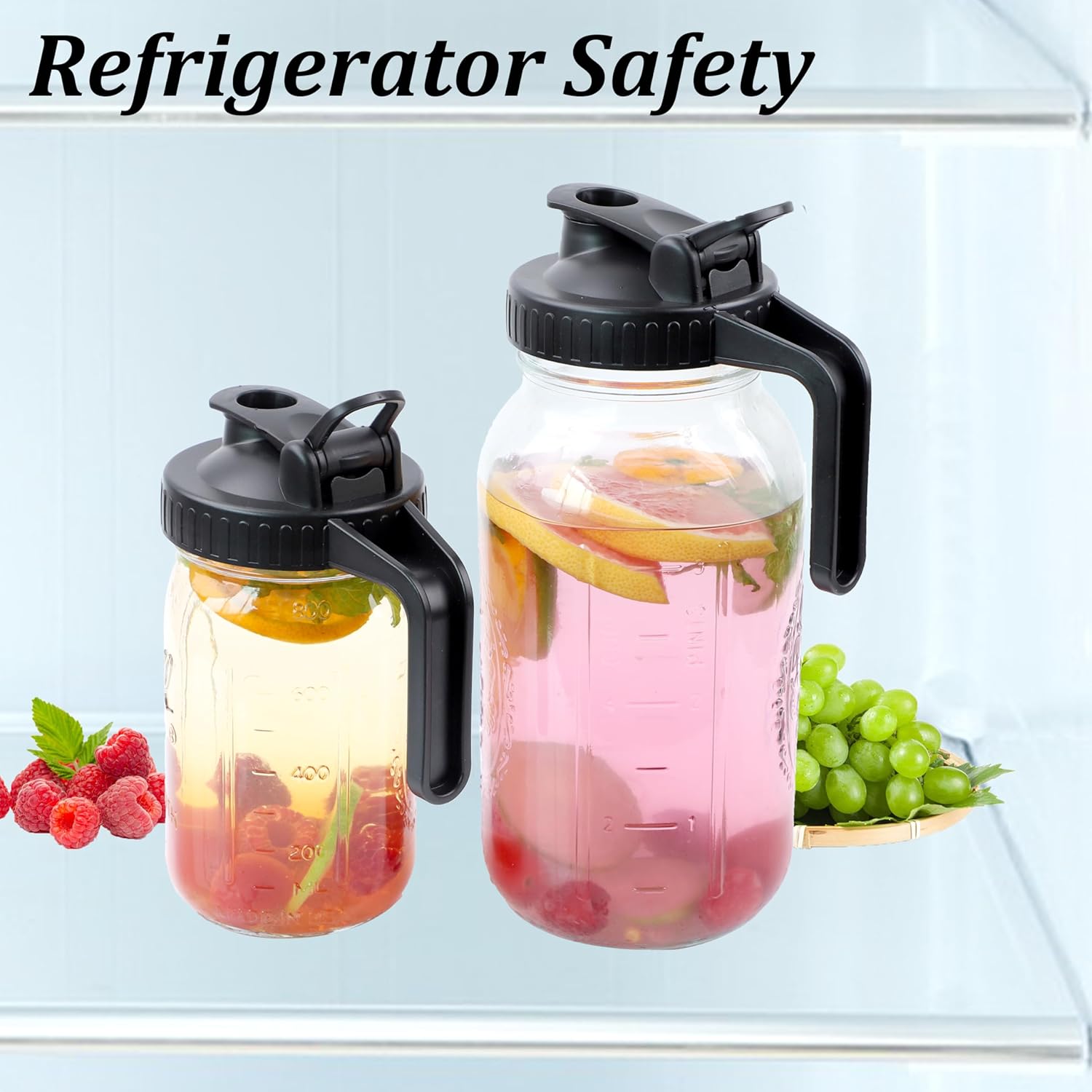 Mason Jar Pitcher Wide Mouth 64 Oz (2 Pack) Glass Pitcher With Pour Spout Lid 2 Quart Airtight Leakproof Water Carafe With Handle And Flip Cap Lid For Iced Beverages, Iced Coffee, Milk, Lemonade - Image 4