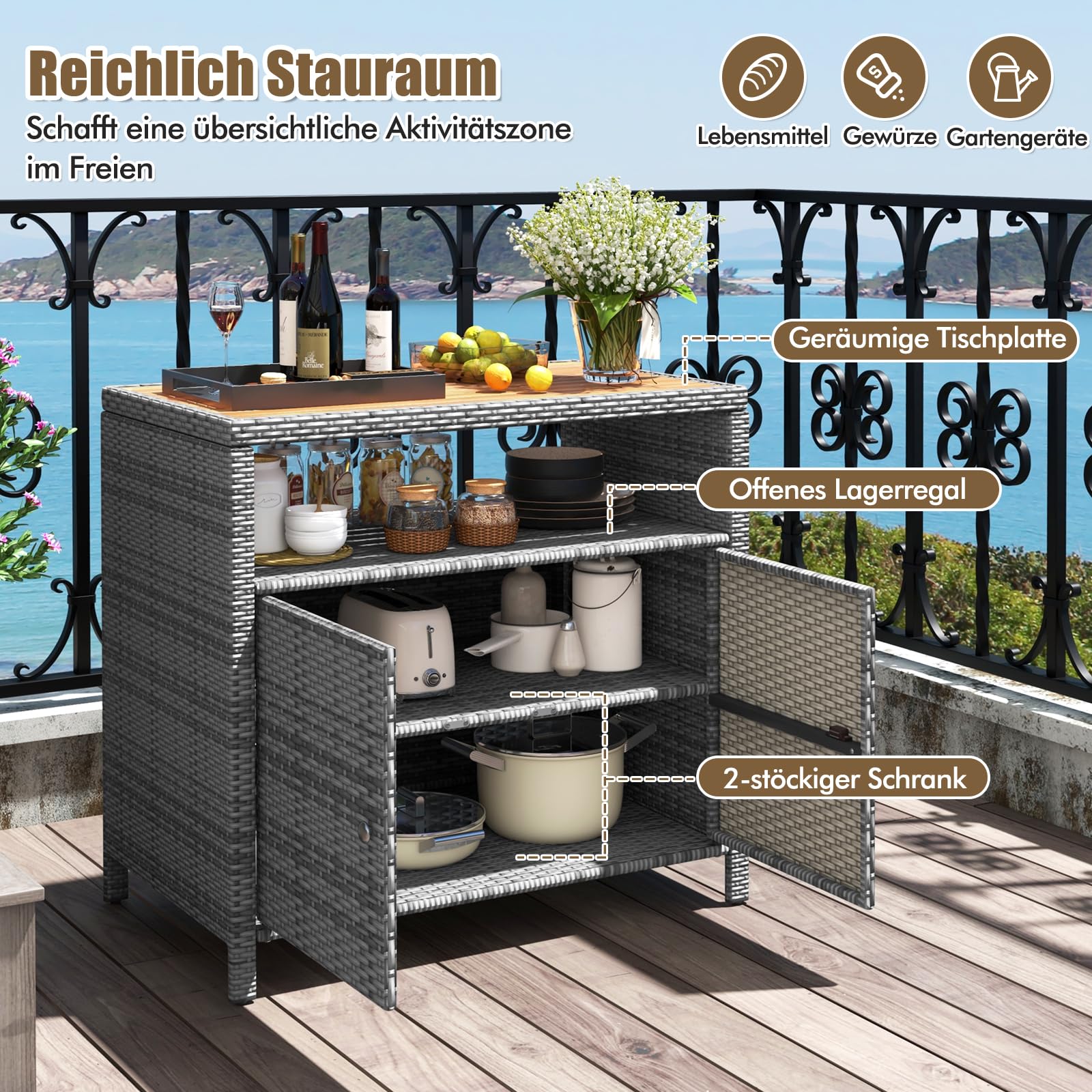 GYMAX Gartenschrank Rattan Terrassenschrank Doppeltür Akazienholz Arbeitsplatte offenes Regal Outdoor Aufbewahrungsschrank 90x53x86 cm Grau