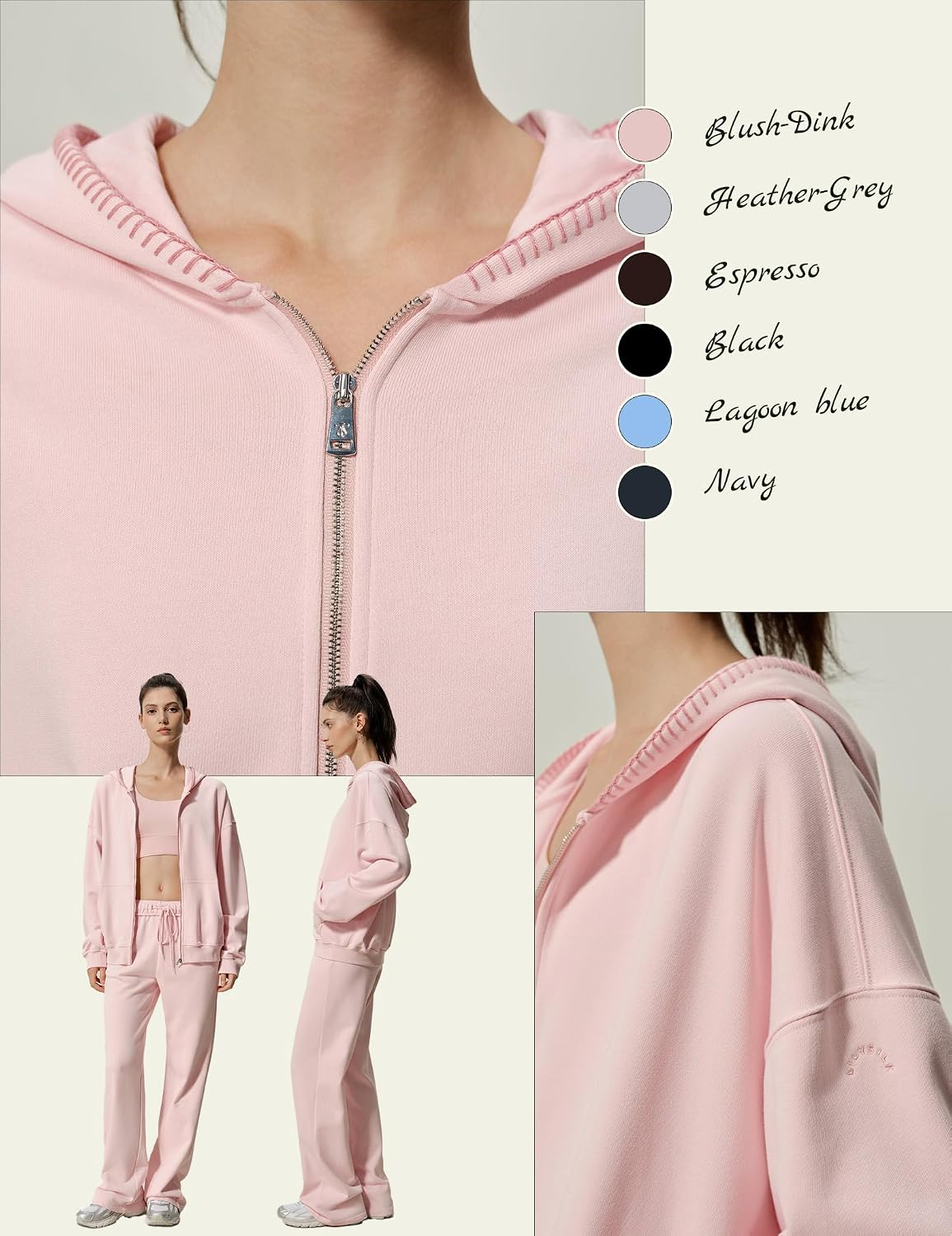 LilySilk Women's Silk Terry Sweatshirt Fleece Zip Up Oversized Hoodie with Blanket Stitch Hooded Jacket for Ladies Sports