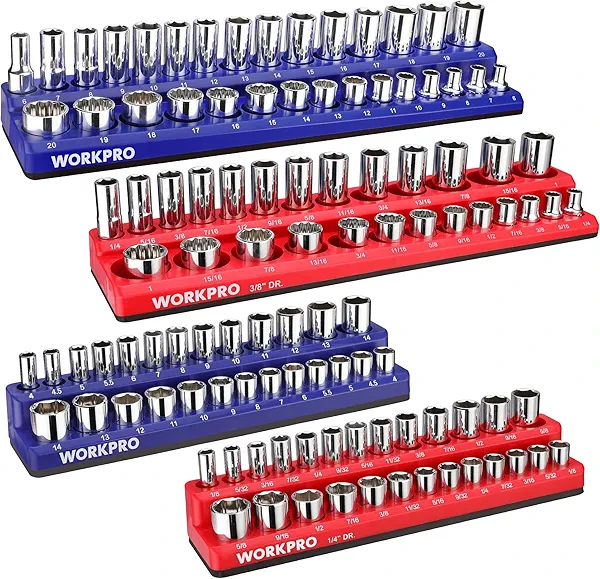WORKPRO Magnetic Socket Organizer Set, 4-Piece Socket Holder Set Includes 1/4", 3/8" Drive Metric & SAE Socket Trays, Holds 108 Pieces Standard and Deep Size Sockets (Sockets not Included) 4
