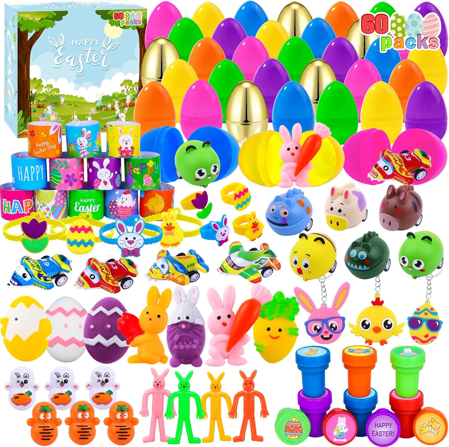 XIMISHOP 60PACK Pre Filled Easter Eggs with Party Favors Assortment Bulk,Easter Party Favors Surprise Eggs for Easter Eggs Hunt, Easter Basket Stuffers Fillers, Classroom Prize Supplies
