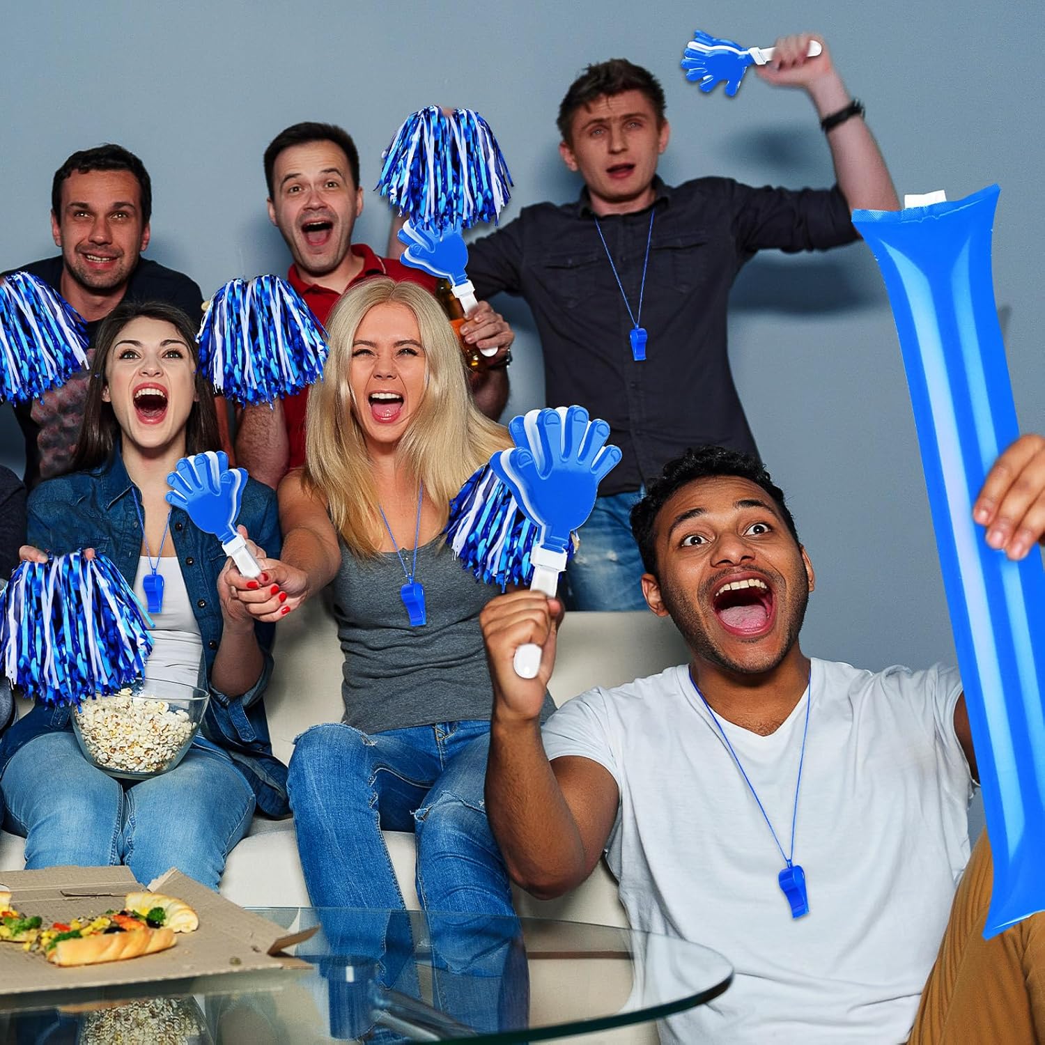Yunsailing 96 Pcs Homecoming Noisemakers Team Spirit Accessories for Game Day Include Hand Clappers Cheerleading Pom Pom Thunder Stick Cheer Party Blower Plastic Whistle for Sport Fans(Blue White)