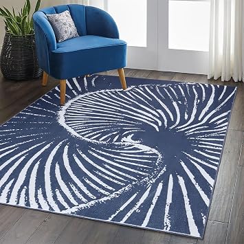 RoomTalks Modern Contemporary Area Rugs Navy Blue Washable, Ultra Thin Abstract Swirl Stripes Ocean Wave Minimalist Indoor 4x6 Rugs Accent Carpet for Living Room Bedroom Kitchen Entryway Indoor Dorm