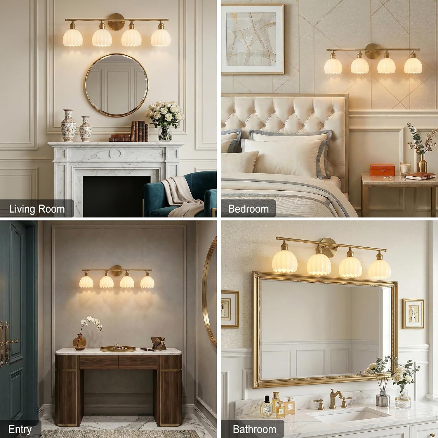 Bathroom Light Fixtures, 4-Light Brass Vanity Wall Light Over Mirror with White Tulip Glass Shade for Bedroom Living Room (Bulb Not Included)