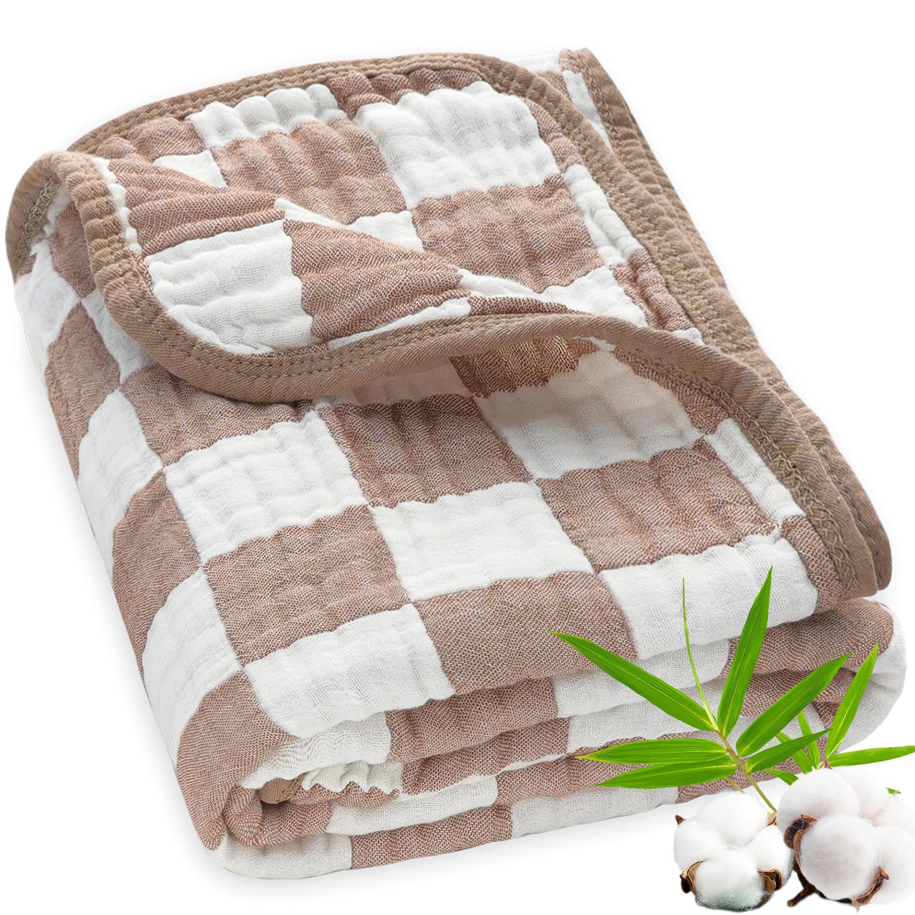 Manta de muselina ultrasuave para bebé, neutra, versátil, 6 capas, manta para envolver y cama para bebés, niños pequeños, niños o niñas, café a cuadros, 43 x 43 pulgadas