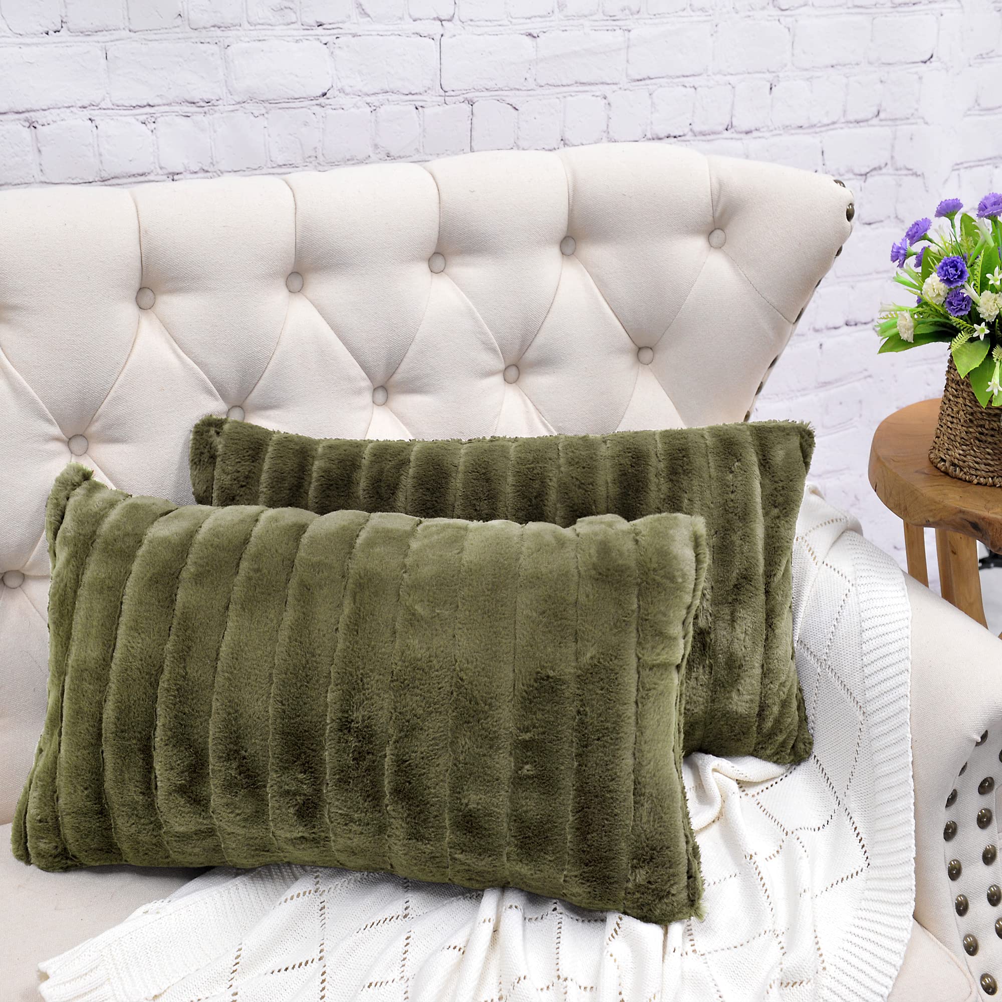 BYTIDE Striped Faux Fur Decorative Lumbar Throw Pillow Covers with Sherpa Back 14" x 26" Set of 2, Plush Luxury Rectangular Cushion Case Pillowcase